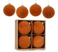 12 cm Large Velvet Christmas Baubles Set of 4, Khaki Hanging Tree Decorations with Gold Glitter Lines, Big Shatterproof Christmas Ornaments for Holiday Tree, Home, Party & Festive Décor