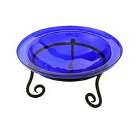 12" Cobalt Blue Crackle Birdbath- Short Stand