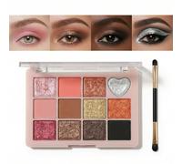 12-Color Warm Pink Coral Brown Eyeshadow Palette with Matte Shimmer Glitter Finishes - Highly Pigmented Blendable Long-Wearing Waterproof Compact with Eye Brush for Day or Night Looks