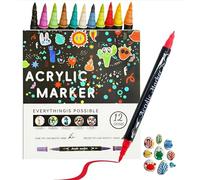 12 Colors Acrylic Paint Pens, Dual Tip Acrylic Marker Pens for Colouring with Brush and Fine Tip, Chalk Markers, Colouring Pens, Art Supplies for Painting on Rock, Wood, Glass, Fabric and Ceramics