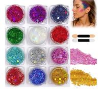 12 Colors Chunky Face Glitter Gel Set for Festival Makeup, Face Paint, Gems, and Hair Glitter, Waterproof Shimmering for Parties, Raves and Halloween (12 Colours Lumi Glow)