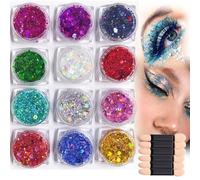 12 Colors Festival Glitter Gel Kit with Brushes - Face Gems and Chunky Sequins, Sparkling Glitter for Face Paint, Hair and Body - Long Lasting Shimmer Makeup for Party, Rave, Halloween and Stage