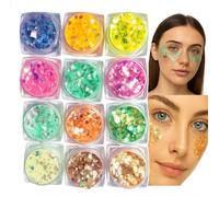 12 Colors Glow in The Dark Chunky Glitter Set - Iridescent Laser Flakes with UV Neon Effect for Face Body Nails and Hair - Festival Rave Party Halloween Makeup or DIY Craft Use