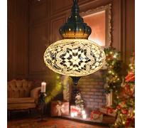 (12 Colors) Hanging Ceiling Mosaic Lamp Light Chandelier, Turkish Moroccan Pendant Lights, Multicolor Decorative Colorful Glass Globe Fixtures Living Room Bedroom Home Decor,beige