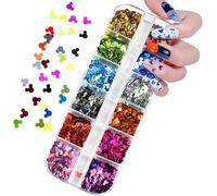 12 Colors Mickey Mouse Nail Glitter Sequins Nail Art Supplies 3D Holographic Nails Glitter Flakes Mickey Nail Art Stickers Decals Shiny Confetti Glitters Nail Designs for Acrylic Nails Decor