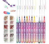 12 Colors Nail Art Pen Set with Fingernail Art Diamond, 0.5mm DIY Quick Dry Graffiti Dotting Point Liner Pens, 3D Nail Arts Pens Set, Fine Tip Acrylic Paint Polish Point Dotting Liner Tools