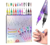 12 Colors Nail Art Pens Set, 0.5mm Ultra-Fine Tip Nail Art Markers for 3D Drawing & Dotting, Quick Dry Water-Based Nail Polish Pens, DIY Nail Art Tools for Gel Nails & Natural Nails