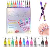 12 Colors Nail Art Pens Set,2026 Fine Tip 0.5mm Nail Marker,DIY Quick Dry Graffiti Dotting Point Liner Pens,for Polishing Dotting Painting Liner
