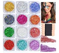 12-Colour Chunky Holographic Glitter Gel Kit for Face, Hair & Creative Art - with 6 Applicator Brushes for Festivals, Makeup Looks & Vibrant Decoration Featuring Multi-Faceted Iridescent Shades