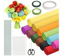 12-Colour Crepe Paper Rolls, 25x250cm Crepe Paper Sheets with 30 Stem Wires(30cm & 40cm), 2 Rolls of Floral Tape, Double-Sided Tape, Scissor for DIY Florist Paper Crafts, Party Supplies, Wedding Decor