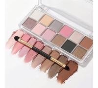 12-Colour Eyeshadow Palette, Matte And Shimmer, Rose Pink, Brown And Grey | Compact Clear Hinged Case, Square Pans, Double-Ended Applicator, Everyday Neutral Make-Up And Smoky Evening Looks
