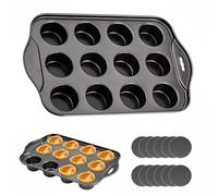 12 Cup Non-Stick Loose Bases Mini Sandwich Tin Baking Tray Carbon Steel Cupcake Mini Cheesecake Mould Non Stick Coating Muffin Pan Reusable Removable Bottom Bakeware Dishwasher Safe 33x21x4cm - Black