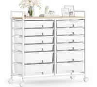 12-Drawer-Plastic-Rolling-Storage-Utility-Craft-Organizer-Trolley-Cart on Wheels with Wooden Tabletop for Home, Office, Classroom, Makeup, White