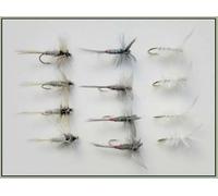 12 Dry Flies, Grey Duster, White Moth and Iron Blue Dun Dry trout flies, Great Summer flies, Barbless or Barbed, choice of size (Barbless, 14)