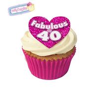 12 Edible "Fabulous at 40!" design cake decorations, plus a FREE GIFT of 12 smaller pink "40" hearts!