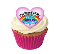12 Edible "I'm Proud of My Gay Daughter" Design Cake Decorations, Plus 12 Smaller Rainbow Flag Hearts!