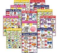 12 English Phonics Poster Language Arts Charts for Kids Toddler Learning Vowels Posters for Kindergarten, Preschool, Primary School Alphabet Bulletin Board Set Classroom Wall Decoration (16 x 11 Inch)