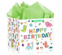 12" Extra Large Dinosaur Birthday Gift Bag for Boys Girls Colorful Dino Square Happy Birthday Gift Bag with Handles Wrapping Paper for Cartoon Newborn Baby Shower Kids Bday Party Supplies Decor