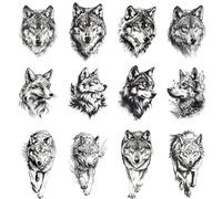 12 Fine Line Temporary Wolf Tattoos - Realistic Removable Body Art. Wolf Gift.