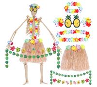 12 FT Skeleton Clothes Accessories Summer Hawaiian Luau Party Skeleton Costume Accessories with Pineapple Glasses Grass Skirt Flower Lei Flamingo Banner for Indoor Outdoor Yard Tropical Summer Decor