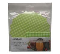 12 Green Gingham Jam Pot Covers, Wax Discs, Rubber Bands and Self-Adhesive Labels