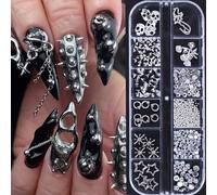 12 Grids 3D Charms for Nails, Metal Rivet Nail Art Charms Punk Style Alloy Nail Art Accessories Skull Star Flower Half Round Beads Design Nail Rhinestone Silver Nail Jewels for Women DIY Manicure