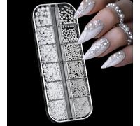 12 Grids/Box 3D Half Round Pearl White Nail Flat Rhinestones Mixed Size Steel Caviar Beads Nail Stickers Nail Decoration Diy Nail Jewelry