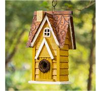 12" H Yellow Distressed Solid Wood Cottage Birdhouse Hanging Bird House for Outdoors
