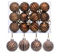 12 Hand Painted Christmas Baubles Plastic Set Tree Decor Ready to Hang | Made of polystyrene in Bronze Brown Red Green Wine Red Gold Milk White Copper textured finish