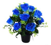 12-Head Artificial Silk Roses in Pot - Realistic Full-Bloom Wedding, Home & Graveside Floral Decor, 37 cm Tall, Red/White/Purple/Pink/Blue(Blue)
