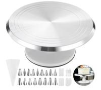 12 in Aluminium Alloy Revolving Cake Stand Set, Non Slip Rotating Platform for Baking and Decorating, with Piping Bag, 17 Piping Tips, 3 Plastic Scrapers, and Coupler