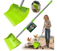 12-Inch 2-in-1 Chicken Poop Scooper & Rake - US Patent Pending - 3-Shape Sifting Holes Chicken Coop Rake，Stainless Steel Handle （20-61"）- Litter Scoop Sand & Sifting Shovel for Chicken Coops