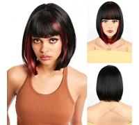12 Inch Black With Red Highlights Straight Bob Wig With Bangs - Heat Resistant Synthetic, Daily Wear Fit All Face Shapes Skin Tones(B)