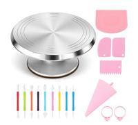 12 Inch Detachable All Aluminum Cake Turntable Set, Reusable Pink Silicone Piping Bag, PE Plastic Dough Scraper, Pink Icing Smoother Kit 9 Pcs Double Head Cake Modelling Tools for Baking Decorating
