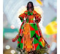 12 Inch Kente African American Black Angel Christmas Tree Topper Standing Afrocentric Black Angel Figurines Treetop Traditional African Kente Print for Ethnic Christmas Kwanzaa Decorations Centerpiece