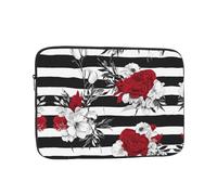 12 Inch Laptop Sleeve, Soft Protective Case With Black White Stripes Red Rose Flowers Print,Slim Lightweight Bag Specially Compatible With 12 Inch Macbook, Fits Some Pc Notebook