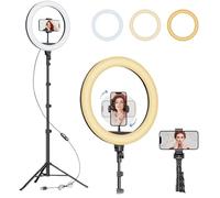 12 Inch LED Ring Light with 63" Adjustable Tripod Stand & Phone Mount, Dimmable Desk Floor Light, 3 Colour Modes & 10 Brightness Levels, USB Powered for YouTube Makeup Video Live Streaming