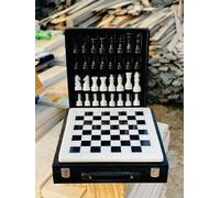 12-Inch Marble Chess Set with Hand-Carved Pieces - Includes Black Faux Leather Storage Gift Box (White Black)