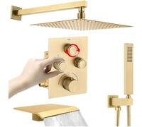 12 Inch Rain Mixer Shower System with Waterfall Tub Spout Square Wall Mount Rainfall Shower Head with Thermostatic Mixing Valve Kit and Trim Control Flow and On-Off Simultaneously Brushed Gold