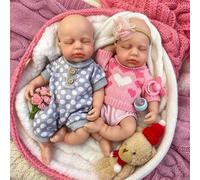 12 Inch Reborn Baby Doll Sleeping Twins Boy & Girl with Open Mouth for Feeding, Full Silicone Washable Realistic Body, Perfect Children's Day Gift for Kids 3+ (Boy+Girl)