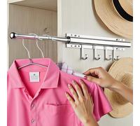 12 Inch Retractable Valet Rod for Closets, Pull Out Clothes Hanger with 4 Hooks, Slide Out Garment Rack for Wardrobe Organization and Storage, Silver
