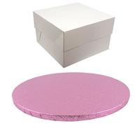 12 Inch Round Coloured Drum Cake Board and White Transporting Box Sets (Pale Pink)