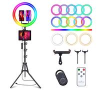 12 Inch Selfie Ring Light with 75 Inch Tripod Stand and 2 Phone Holders, LED Camera Ring Light with 48 RGB Color Modes and Music Rhythm Mode and 12 Brightnesses, Dimmable for