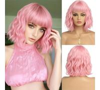 12 Inch Short Bob Wavy Wig with Bangs Short Curly Wave Wigs Colorful Synthetic Heat Resistant Fiber for Daily (97C#)