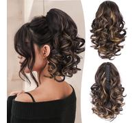 12 Inch Short Ponytail Extension - Clip in Ponytail Hair Extensions, Curly Wavy Pony Tail Hair Pieces for Women, Synthetic Claw Clip Ponytail Hair Extensions (Dark Brown with Honey Blonde Highlights)