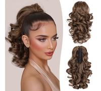 12 Inch Short Ponytail Extension - Clip in Ponytail Hair Extensions, Curly Wavy Pony Tail Hair Pieces for Women, Synthetic Claw Clip Ponytail Hair Extensions (Color: Medium Brown Mixed Honey Blonde)