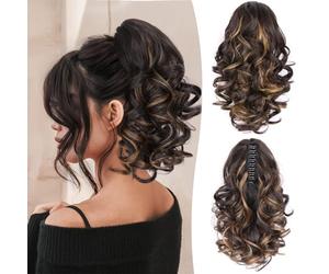 12 Inch Short Ponytail Extension - Clip in Ponytail Hair Extensions, Curly Wavy Pony Tail Hair Pieces for Women, Synthetic Claw Clip Ponytail Hair Extensions (Dark Brown with Honey Blonde Highlights)