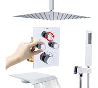 12 Inch Shower Faucet Set with Tub Spout, Push Button Diverter Shower System with Ceiling Mounted Rain Shower Head and Handheld Shower, Chrome