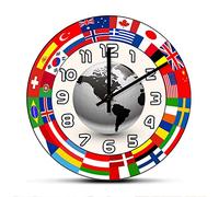 12 Inch Silent Wall Clock Non Ticking Ring Of Flags Around Earth Wall Clock Modern Design Office Decor Planet World Flags Printed Wall Clock Globe Travel Lovers Gift