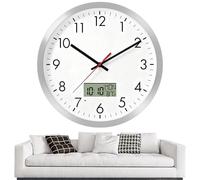 12 Inch Silent Wall Clock with LCD Display Dual Battery Operated Analog & Digital Non-Ticking Modern Clock with Switchable Date, Time & Day of the Week Temp for Living Room, Bedroom, Office, Kitchen
